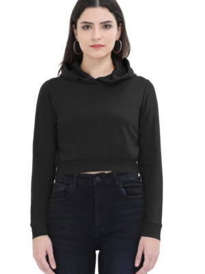 Women Black Plain Cropped Hoodie - Alfa Goat